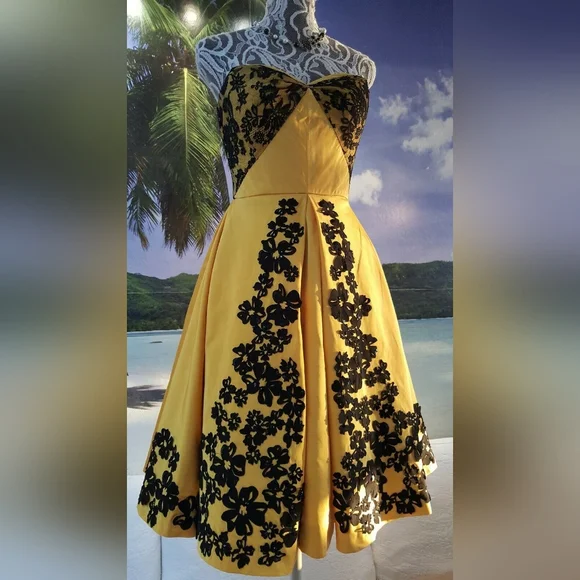 °$7000 NEW OSCAR DE LA RENTA BEAUTIFUL RUNWAY BLK YELLOW SILK BEAD DRESS US 10
